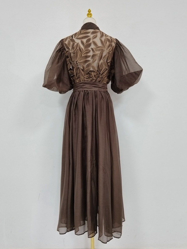 TWOTWINSTYLE Solid Lapel Puff Sleeve High Waist Chic Dress