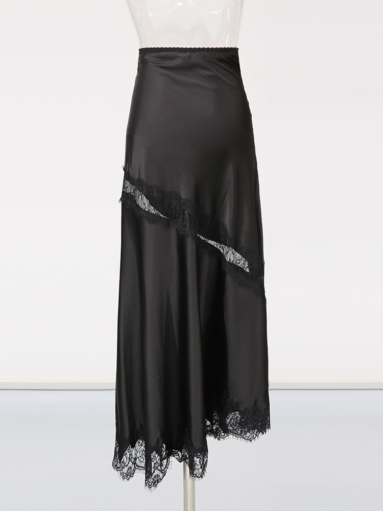 TWOTWINSTYLE High Waist Two-Tone Satin Lace Trim Vintage Skirt