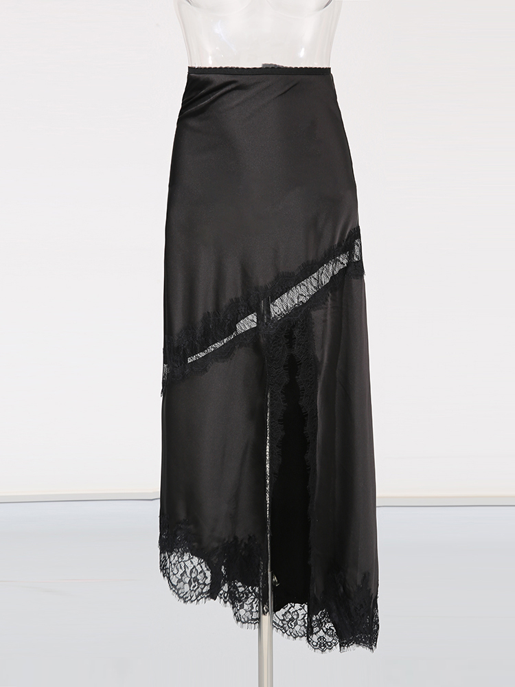 TWOTWINSTYLE High Waist Two-Tone Satin Lace Trim Vintage Skirt