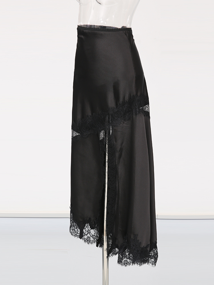 TWOTWINSTYLE High Waist Two-Tone Satin Lace Trim Vintage Skirt