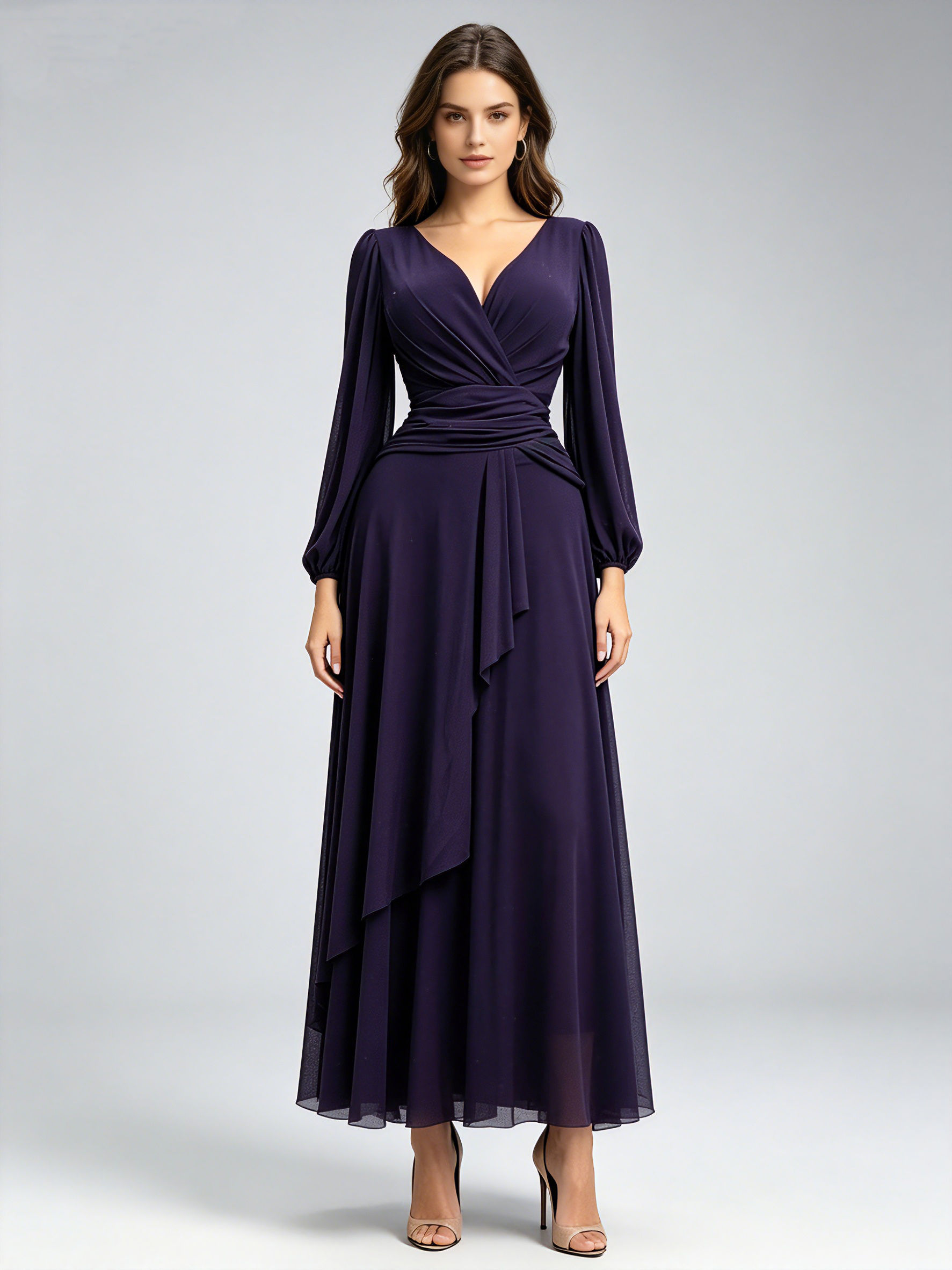 TWOTWINSTYLE Deep V Neck Long Sleeve Tunic Minimalist Dress