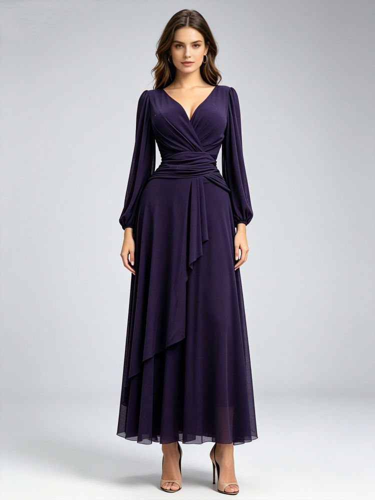 TWOTWINSTYLE Deep V Neck Long Sleeve Tunic Minimalist Dress
