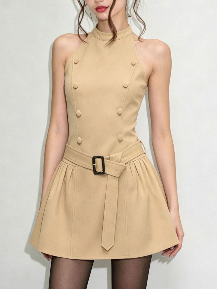 TWOTWINSTYLE Lapel Patchwork Single Breasted Shawl Round Neck Sleeveles Dress Vintage Set