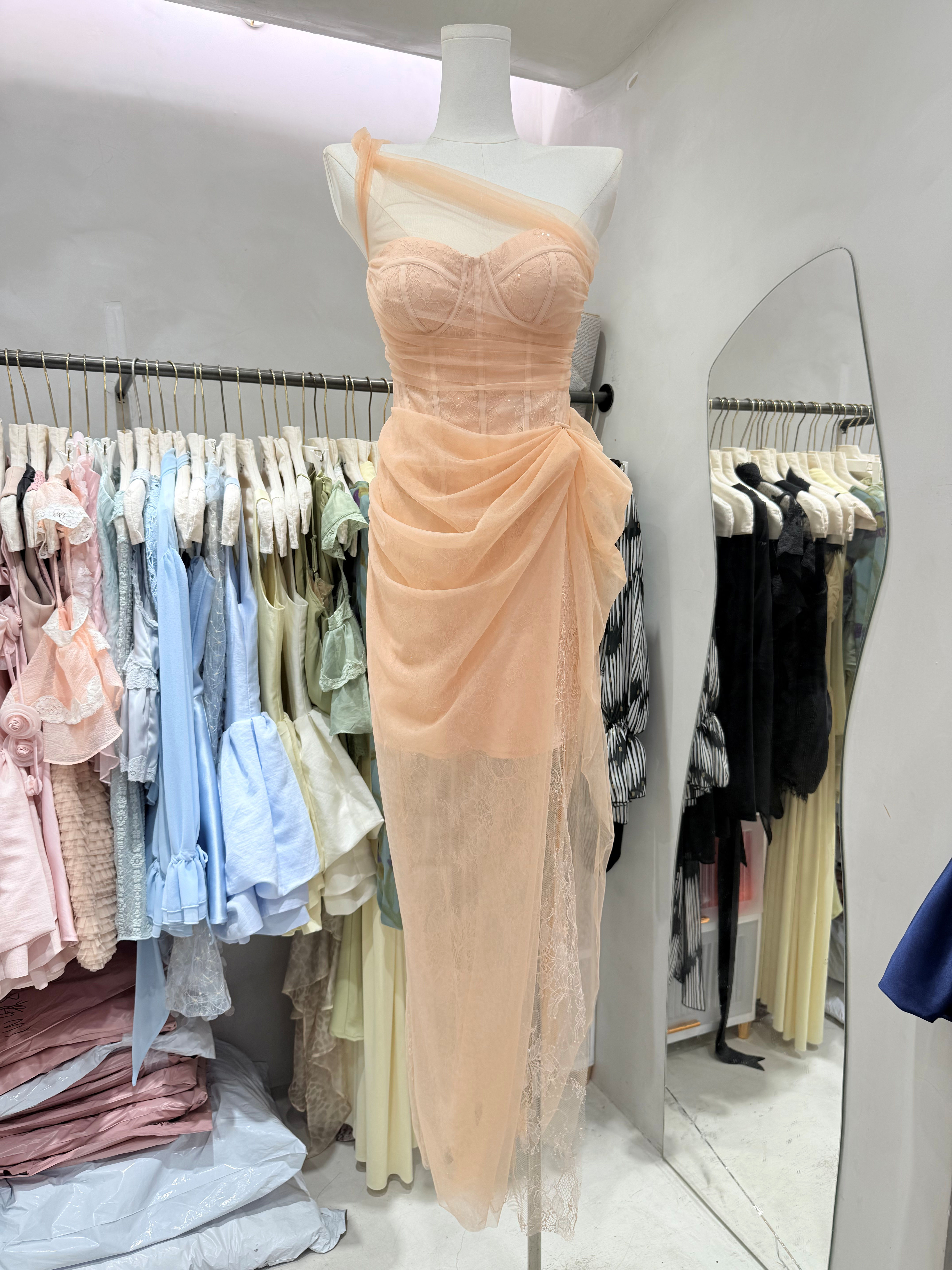 TWOTWINSTYLE Off One Shoulder Side Split Spliced Lace Sexy Dress