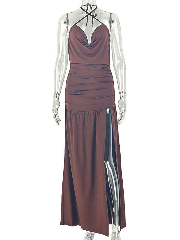 TWOTWINSTYLE Off Shoulder Ruched Side Split Vintage Camisole Dress