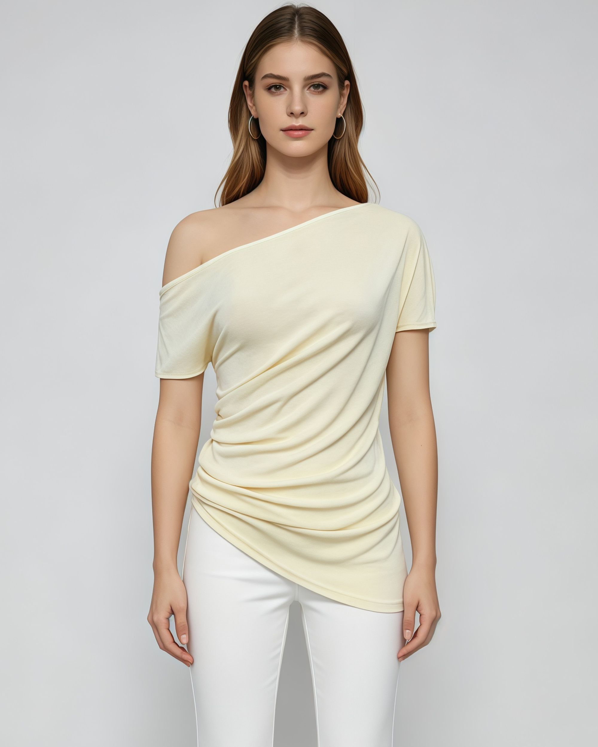 TWOTWINSTYLE Off Shoulder Ruched Tunic Irregular Fashion T-Shirt