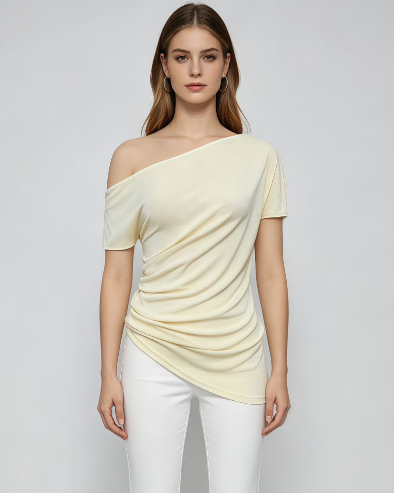 TWOTWINSTYLE Off Shoulder Ruched Tunic Irregular Fashion T-Shirt