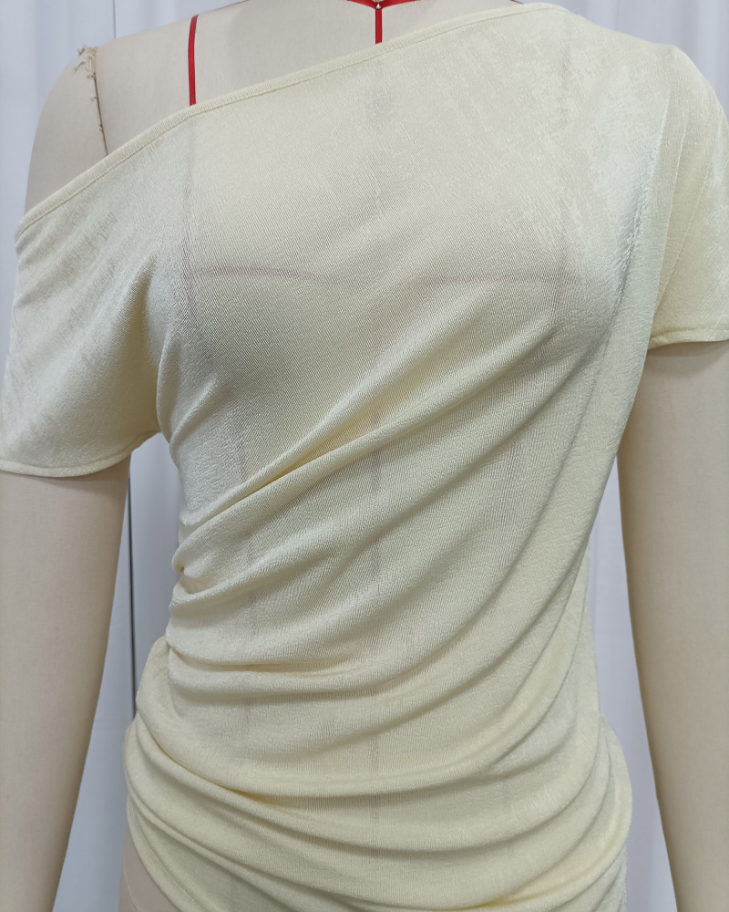 TWOTWINSTYLE Off Shoulder Ruched Tunic Irregular Fashion T-Shirt
