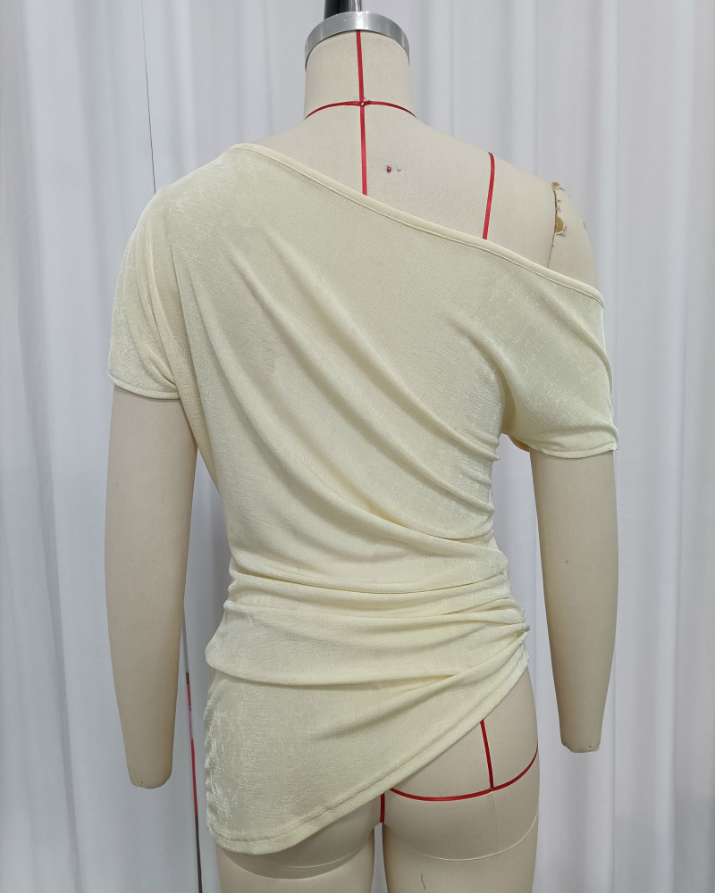 TWOTWINSTYLE Off Shoulder Ruched Tunic Irregular Fashion T-Shirt