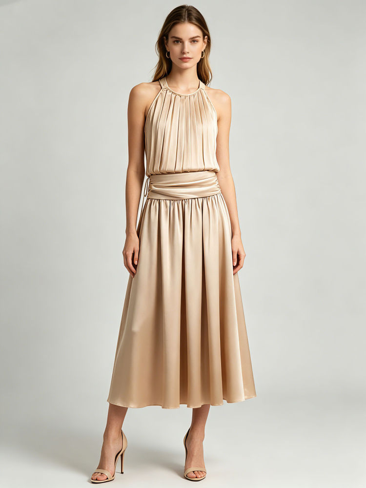 TWOTWINSTYLE Round Neck Sleeveles Backless Vest Solid Pleated Skirt Chic Set