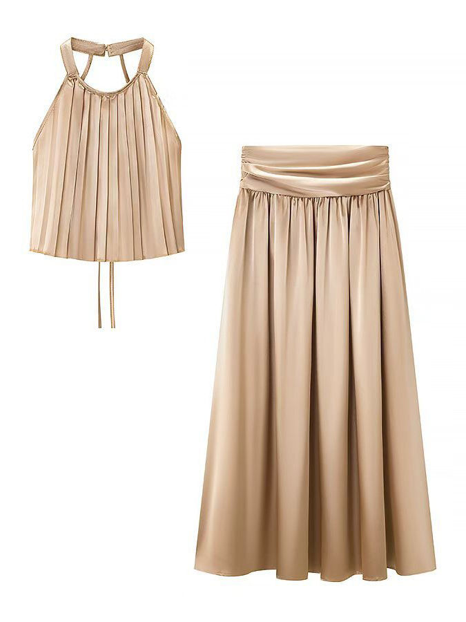 TWOTWINSTYLE Round Neck Sleeveles Backless Vest Solid Pleated Skirt Chic Set