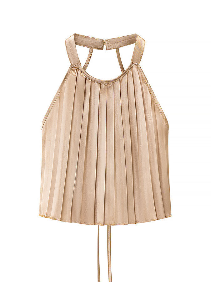TWOTWINSTYLE Round Neck Sleeveles Backless Vest Solid Pleated Skirt Chic Set