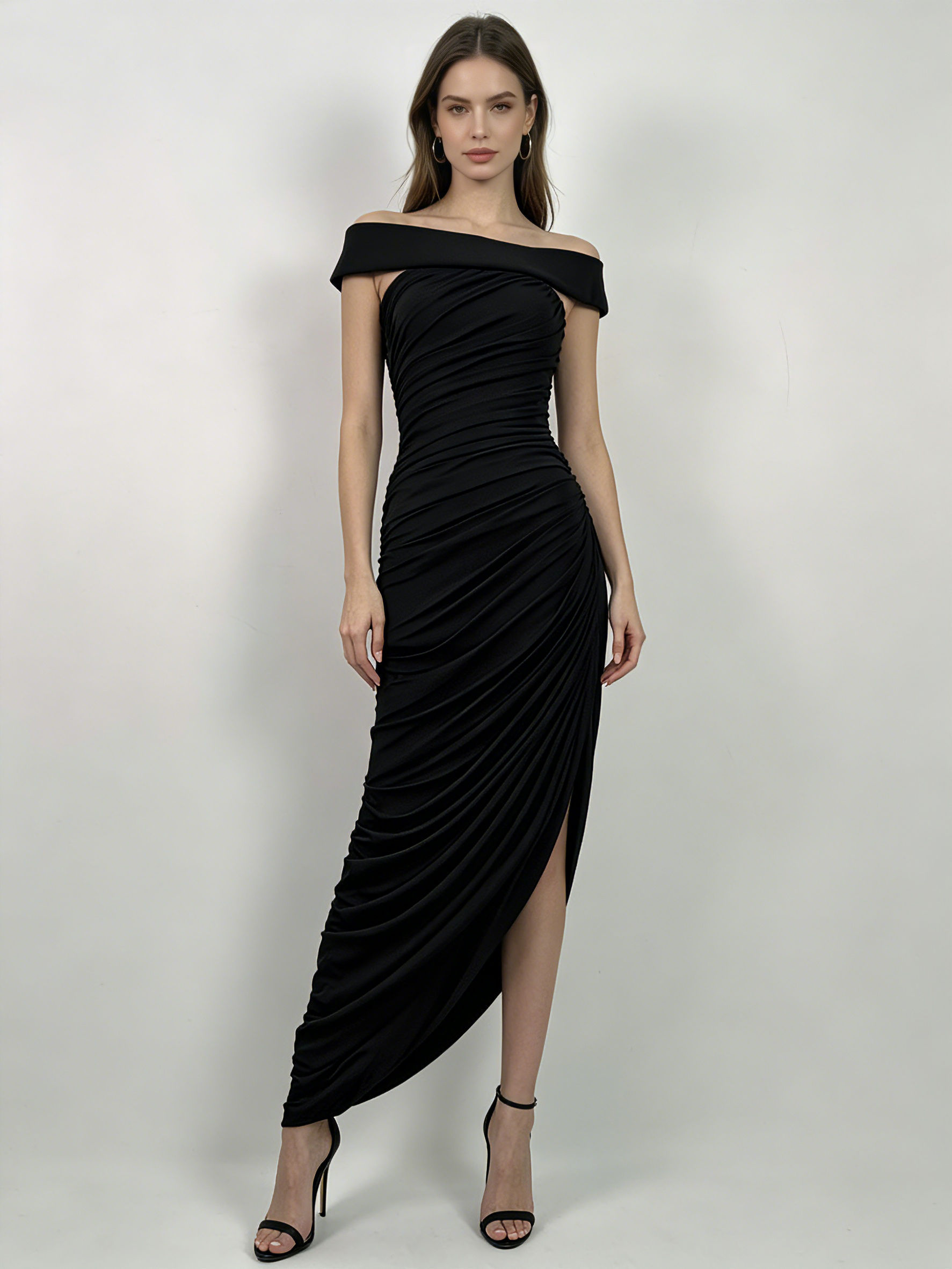 TWOTWINSTYLE Solid Off Shoulder High Waist Irregular Hem Vintage Dress