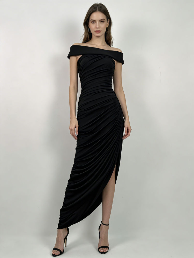 TWOTWINSTYLE Solid Off Shoulder High Waist Irregular Hem Vintage Dress