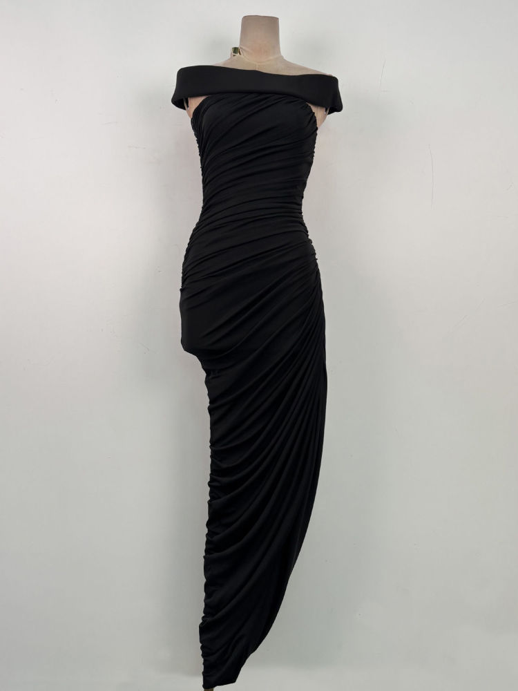 TWOTWINSTYLE Solid Off Shoulder High Waist Irregular Hem Vintage Dress