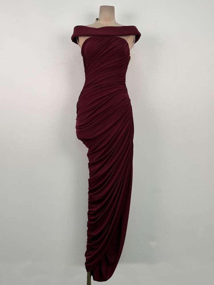 TWOTWINSTYLE Solid Off Shoulder High Waist Irregular Hem Vintage Dress