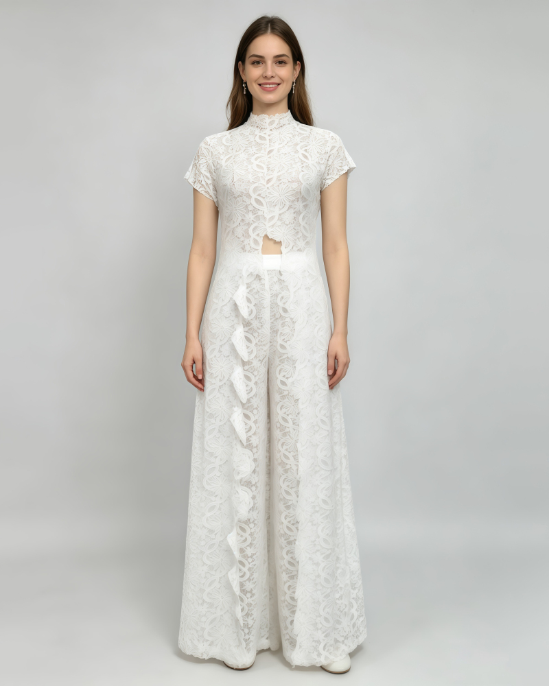 TWOTWINSTYLE Stand Collar Asymmetrical Top High Waist Lace Pants Chic Set