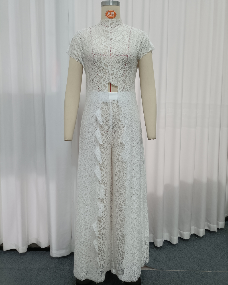 TWOTWINSTYLE Stand Collar Asymmetrical Top High Waist Lace Pants Chic Set