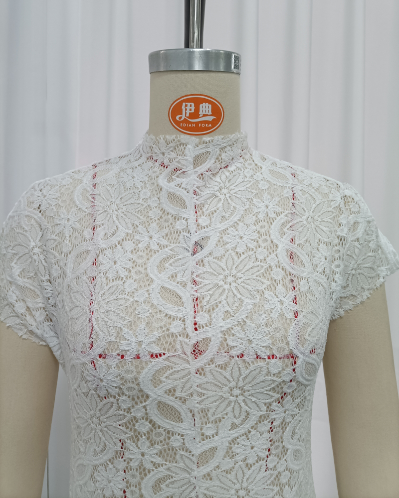 TWOTWINSTYLE Stand Collar Asymmetrical Top High Waist Lace Pants Chic Set
