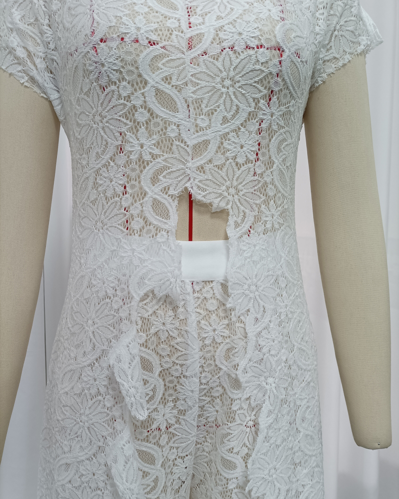 TWOTWINSTYLE Stand Collar Asymmetrical Top High Waist Lace Pants Chic Set