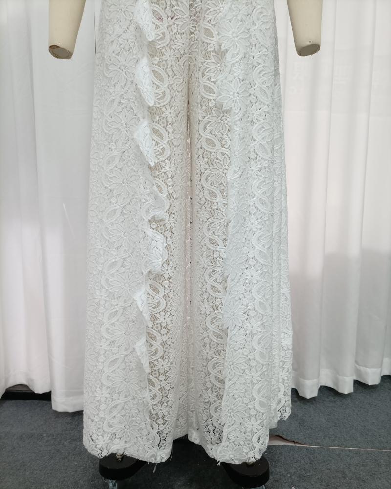 TWOTWINSTYLE Stand Collar Asymmetrical Top High Waist Lace Pants Chic Set