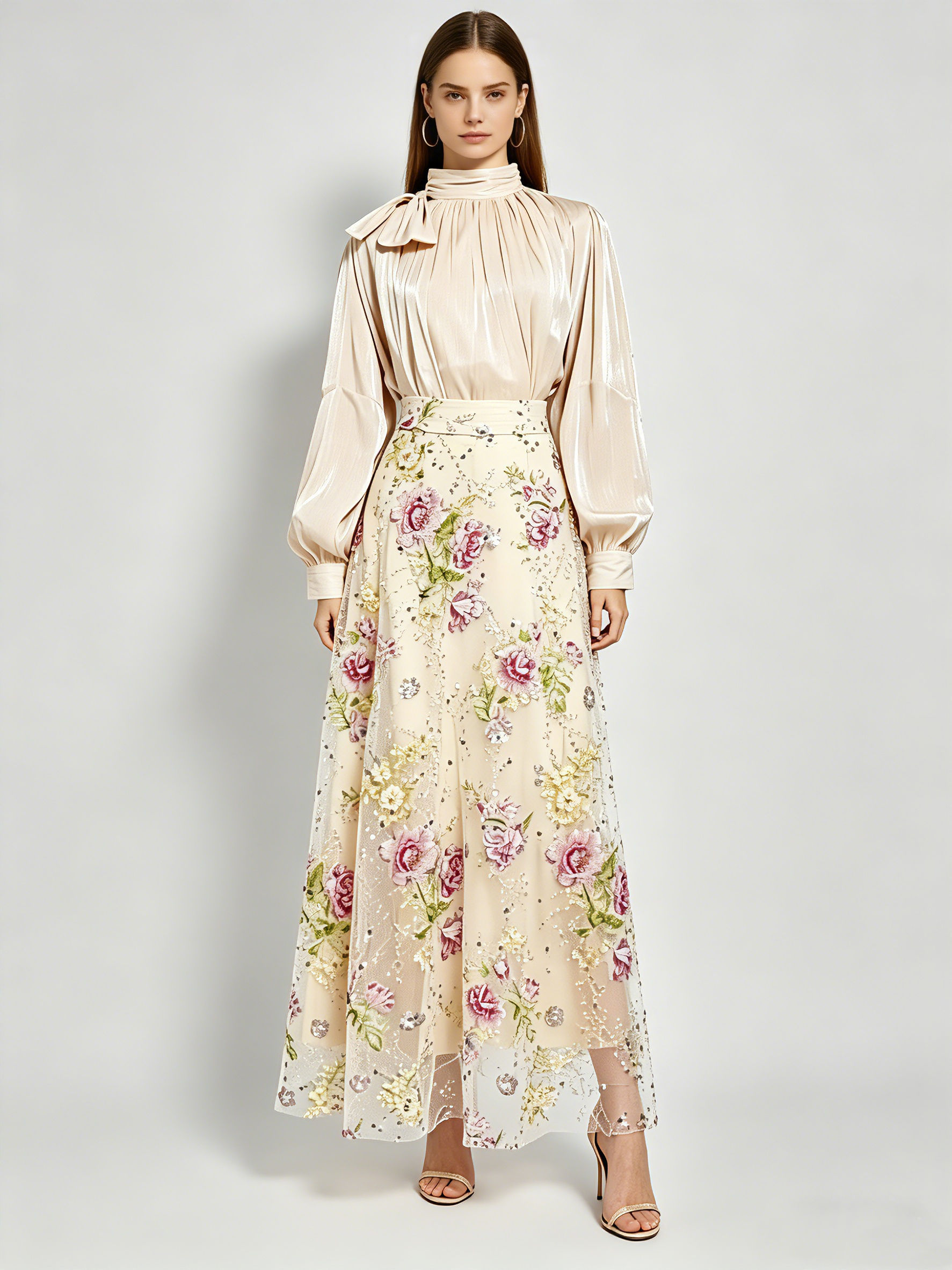 TWOTWINSTYLE Stand Collar Long Sleeve Top High Waist Spliced Mesh Skirt Elegant Set