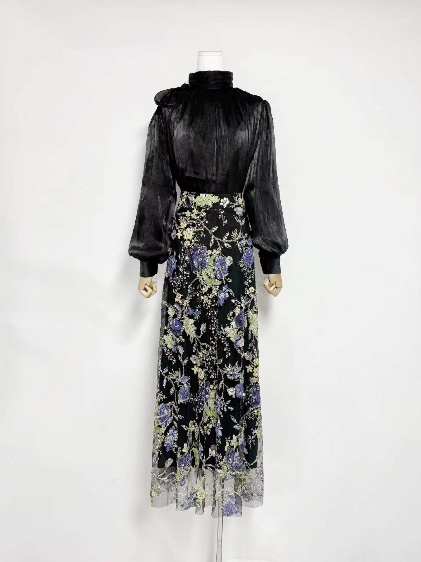 TWOTWINSTYLE Stand Collar Long Sleeve Top High Waist Spliced Mesh Skirt Elegant Set