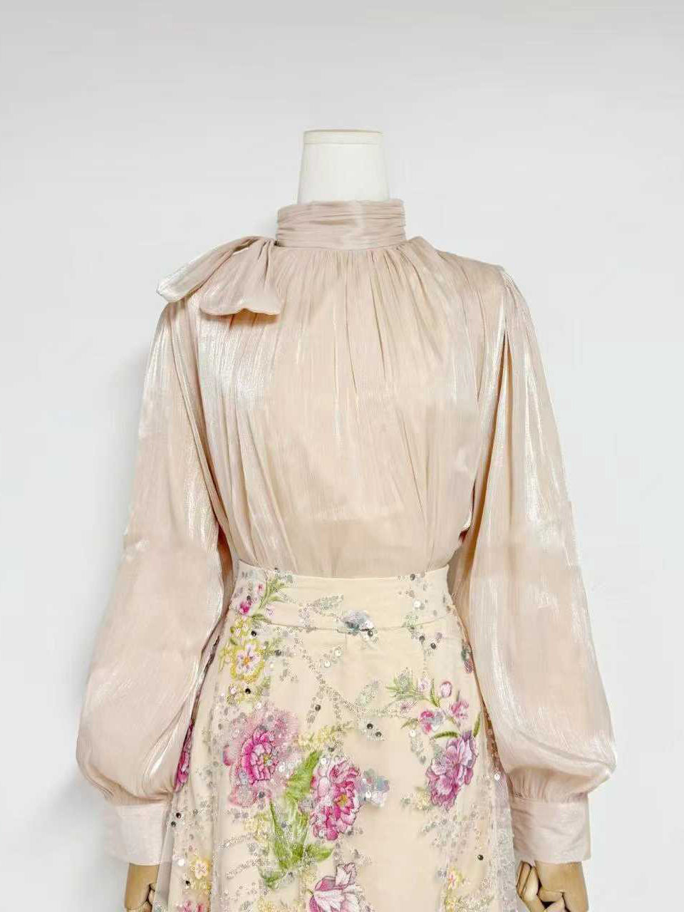 TWOTWINSTYLE Stand Collar Long Sleeve Top High Waist Spliced Mesh Skirt Elegant Set