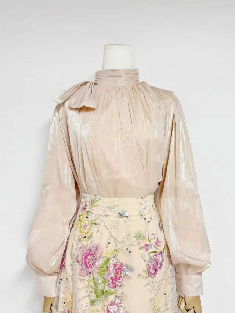 TWOTWINSTYLE Stand Collar Long Sleeve Top High Waist Spliced Mesh Skirt Elegant Set