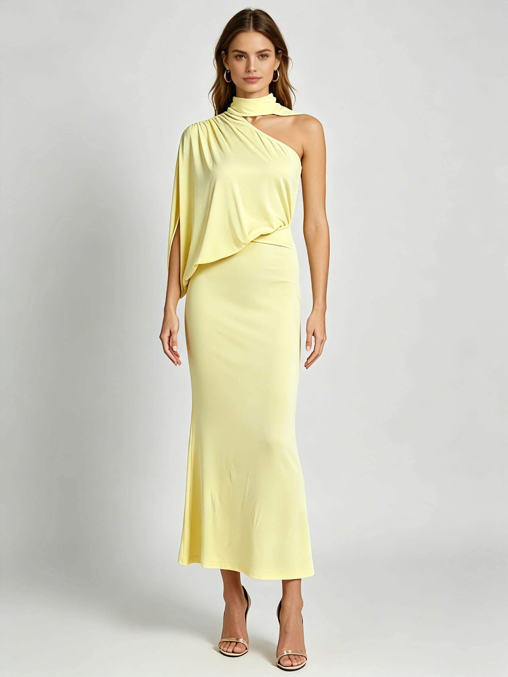 TWOTWINSTYLE Stand Collar Off One Shoulder High Waist Elegant Dress