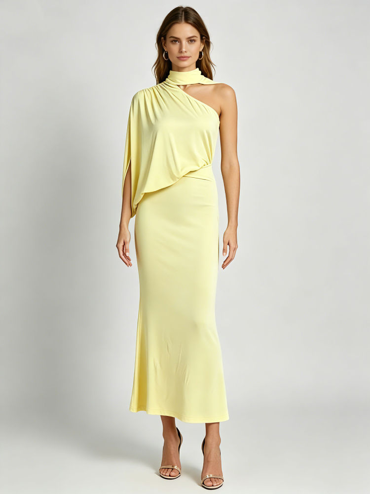 TWOTWINSTYLE Stand Collar Off One Shoulder High Waist Elegant Dress