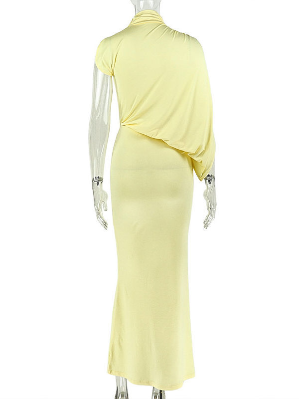 TWOTWINSTYLE Stand Collar Off One Shoulder High Waist Elegant Dress