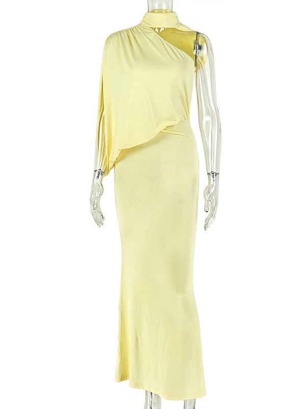 TWOTWINSTYLE Stand Collar Off One Shoulder High Waist Elegant Dress