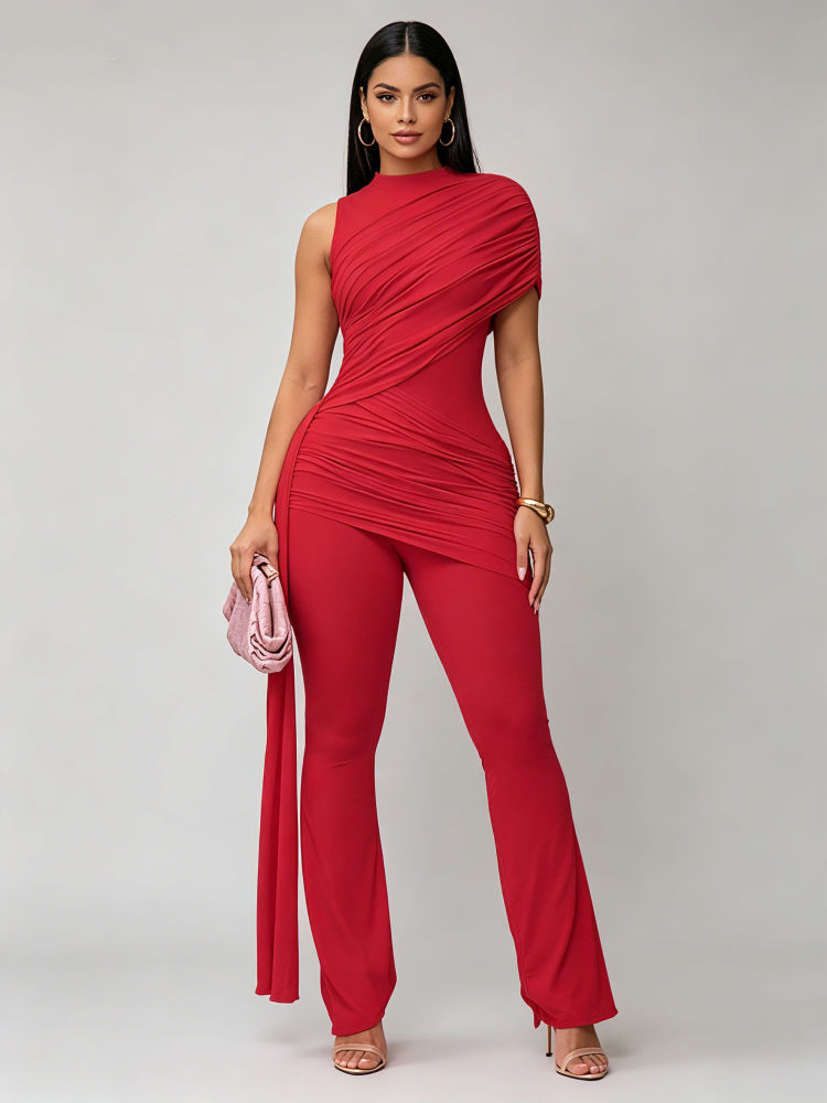 TWOTWINSTYLE Stand Collar Off One Shoulder Spliced Lace Up Chic Jumpsuit
