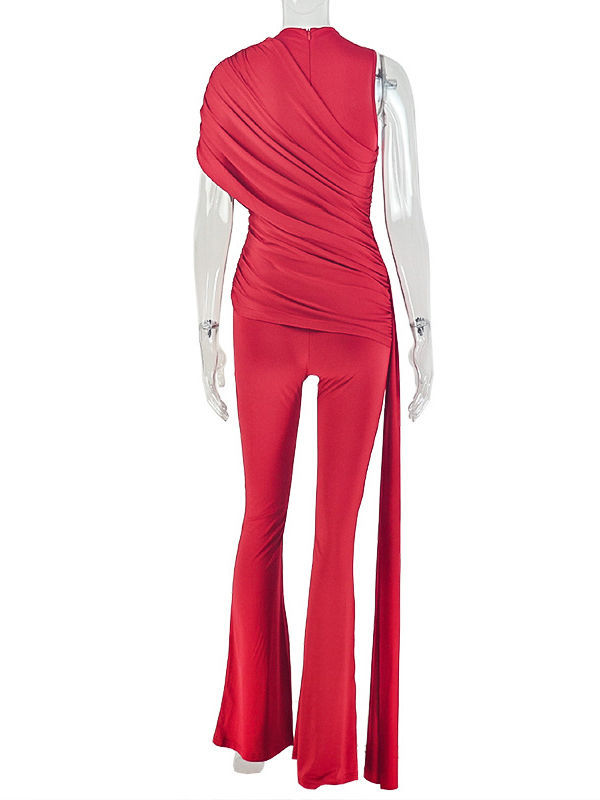 TWOTWINSTYLE Stand Collar Off One Shoulder Spliced Lace Up Chic Jumpsuit