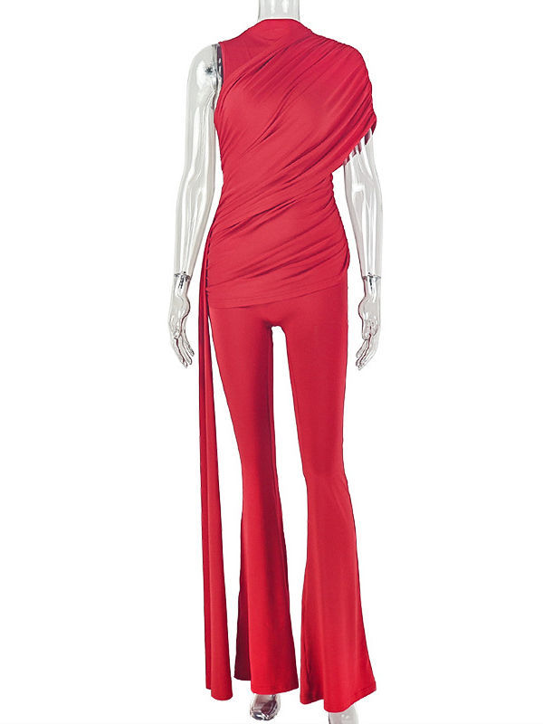 TWOTWINSTYLE Stand Collar Off One Shoulder Spliced Lace Up Chic Jumpsuit
