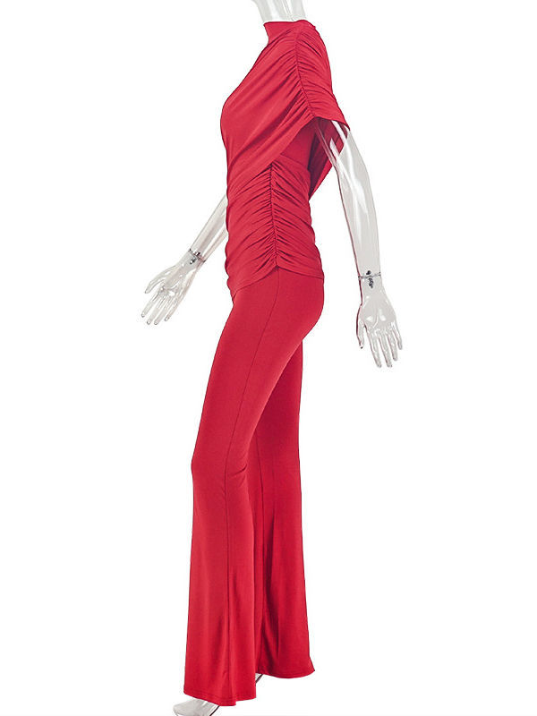 TWOTWINSTYLE Stand Collar Off One Shoulder Spliced Lace Up Chic Jumpsuit