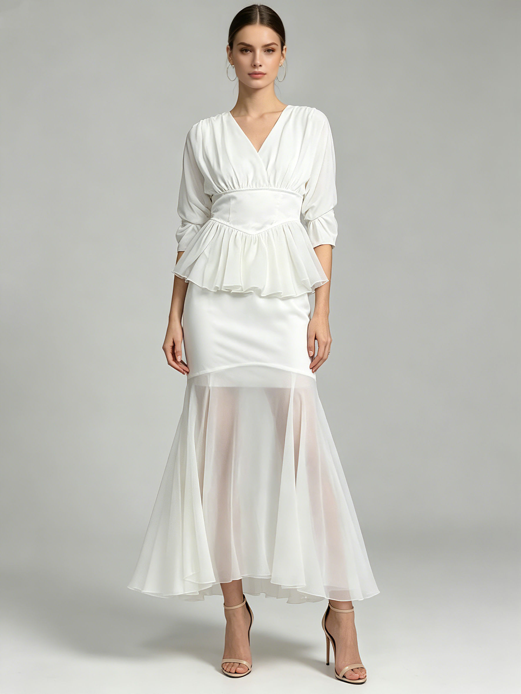 TWOTWINSTYLE V Neck Pleated Tunic Blouse Spliced Mesh Skirt Elegant Set