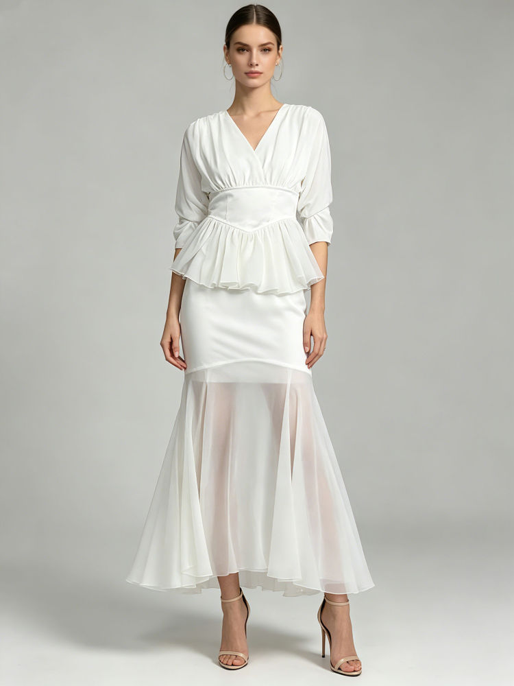 TWOTWINSTYLE V Neck Pleated Tunic Blouse Spliced Mesh Skirt Elegant Set
