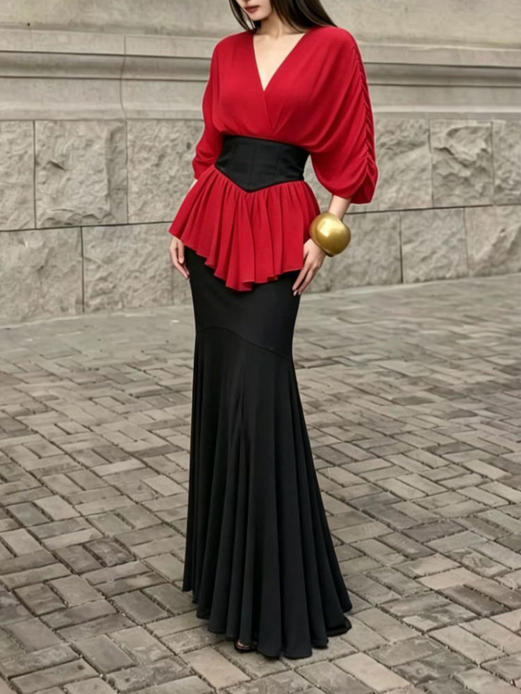 TWOTWINSTYLE V Neck Pleated Tunic Blouse Spliced Mesh Skirt Elegant Set