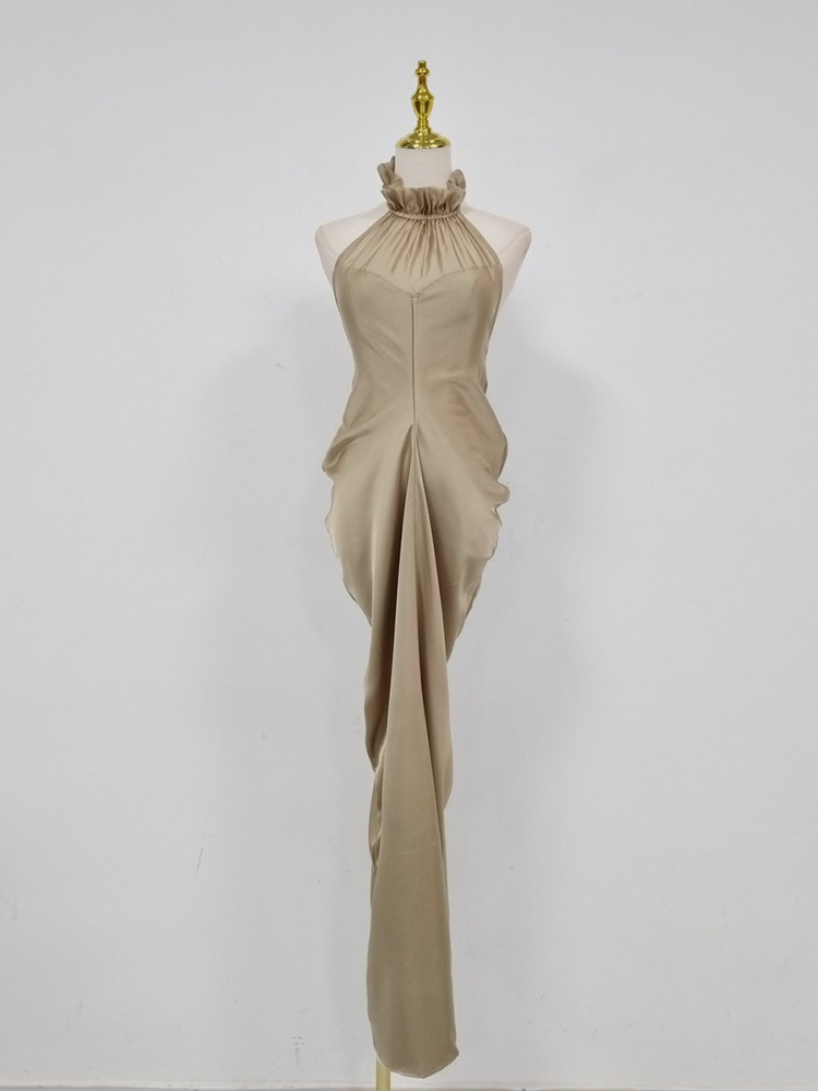 TWOTWINSTYLE Stand Collar Off Shoulder Ruched Vintage Dress