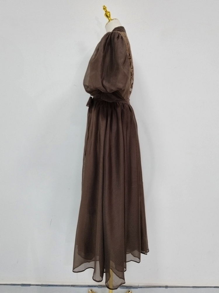 TWOTWINSTYLE Solid Lapel Puff Sleeve High Waist Chic Dress