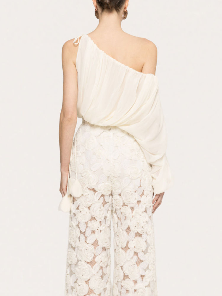 TWOTWINSTYLE Off Shoulder One Sleeve Pleated Chic Crop Shirt