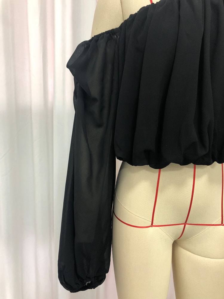 TWOTWINSTYLE Off Shoulder One Sleeve Pleated Chic Crop Shirt