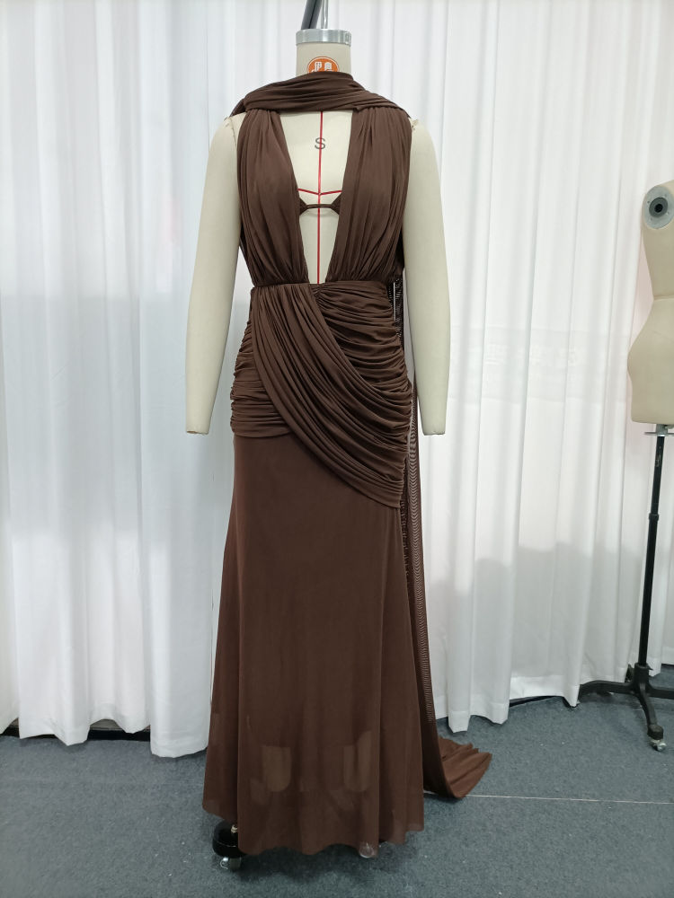 TWOTWINSTYLE Solid V Neck Sleeveles Spliced Mesh Sexy Dress