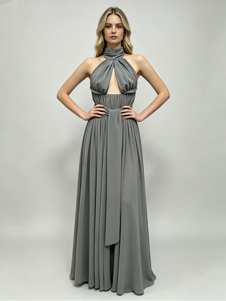 TWOTWINSTYLE Stand Collar Off Shoulder Hollow Out Ruched Vintage Dress