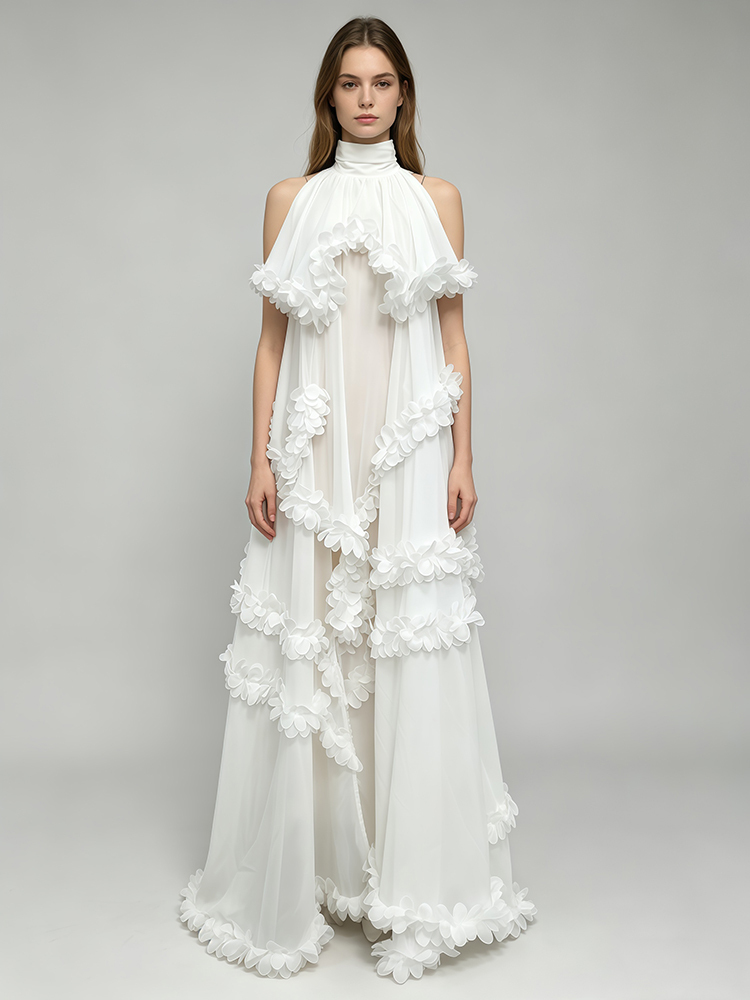 TWOTWINSTYLE Turtleneck Off Shoulder Spliced Flower Chiffon Maxi Dress