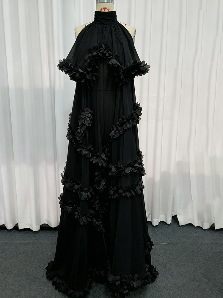 TWOTWINSTYLE Turtleneck Off Shoulder Spliced Flower Chiffon Maxi Dress