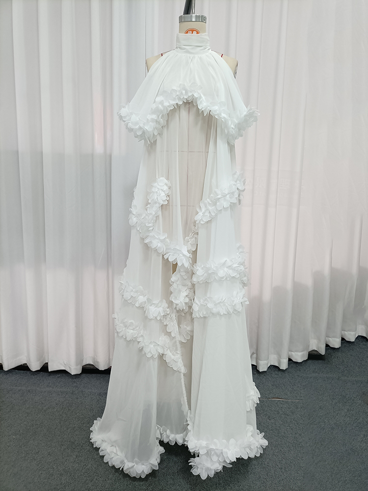 TWOTWINSTYLE Turtleneck Off Shoulder Spliced Flower Chiffon Maxi Dress