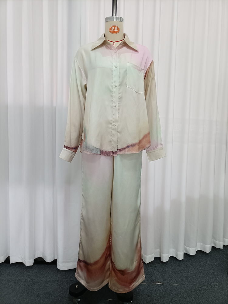 TWOTWINSTYLE Lapel Long Sleeves Shirt High Waist Wide Leg Pants Tie Dye Set